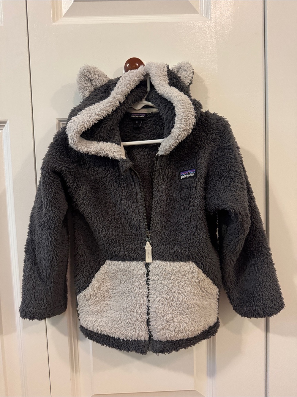Patagonia Kids Two-Tone Plush Hooded Puffer Jacket - Charcoal & Light Gray